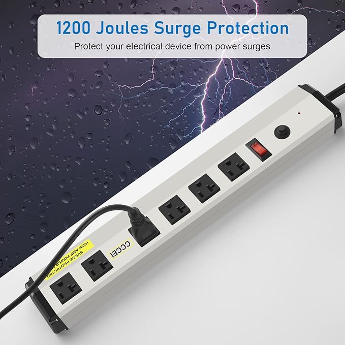 CCCEI Heavy Duty Power Strip Surge Protector 20 Amp, High Amp Industrial Shop Garage Metal Multiple Outlets, 12 FT 12 Gauge 5-15P Extension Cord 6 Outlet 6-20R T-Slot 20a for Appliance.