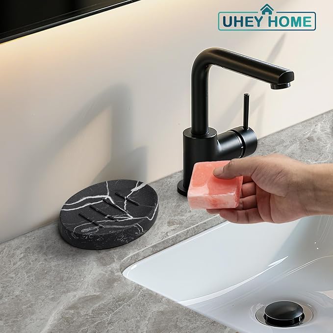 Soap Dish Bathroom Resin Marble Look Bar Soap Holder for Shower Soap Tray for Kitchen Sink 2 Pack(Marble Black)