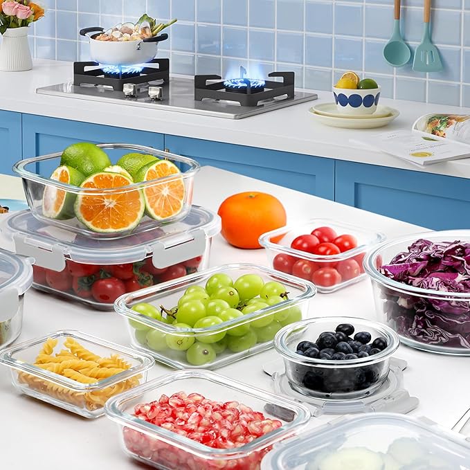 VERONES 30 Pieces Glass Meal Prep Containers Set, Stackable Glass Food Storage Containers with Lids-Airtight Lunch Containers，for Microwave, Oven, Freezer & Dishwasher,White