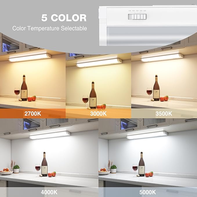 12inch Linkable Under Cabinet Lighting Hardwired Plug-in, Wired led Under Cabinet Lights with 5 CCT (2700/3000/3500/4000/5000) & Dimmable, Under Counter Lights for Kitchen, 6W, 600LM, 2 Pack