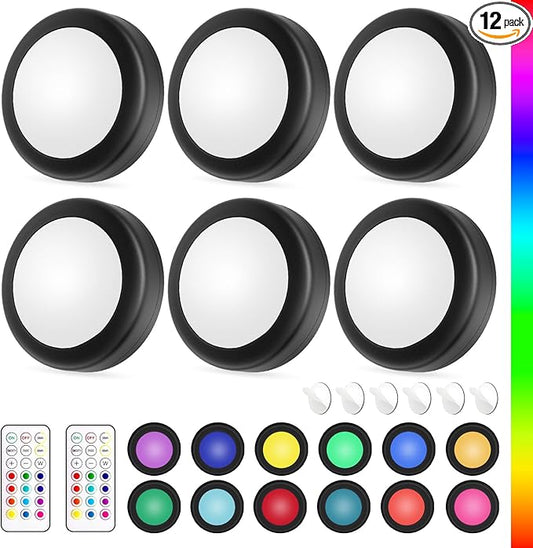 Yiliaw LED Puck Lights with Remote Control, AA Battery Operated, 12 Color Closet Under Cabinet Lighting, Push Tap Light, Under Counter for Kitchen, 6 Pack, Black-Magnetic