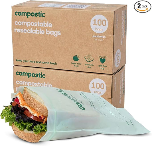 Home Compostable Resealable Sandwich Bags (7"x7"), Microwave & Freezer Safe, Organic Food Storage Container, 100 Count (Pack of 2)
