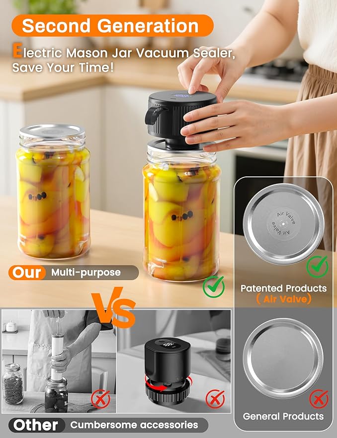Electric Mason Jar Vacuum Sealer, MJ02 Cordless Automatic Mason Jars Vacuum Sealer Kit for Wide Mouth and Regular Mouth Mason Jars with 20 Air Valve Mason Lids & 2 Vacuum Bags