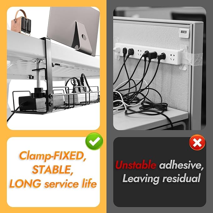 Cable Management Tray Kit- 15.7'' Long 5.1'' Wide Workspace Organizers, Steel Cord Organizers, 4 Cable Holder, 12 Roll Cable Organizer Straps, No Drill, No Damage to Desk(Black)