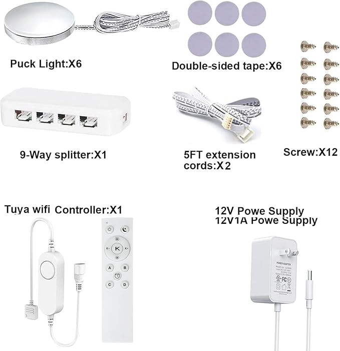 6 PCS Aluminum Puck WiFi White Color Temperature Adjustment Under Cabinet Lights Kit Work with Alexa,Google Assistant,App and RF Remote, with Timmer Dimmable Under Counter Lights for Kitchen Bedroom