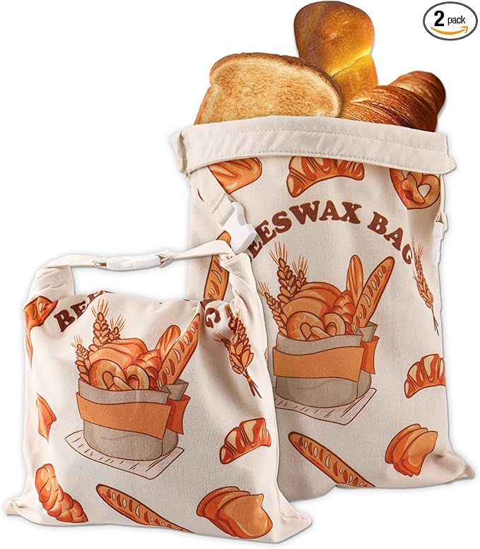 2 Pack Reusable Bread Bags for Homemade Breads,Linen Beeswax Bag for Food, Sourdough Bread Baking Supplies, Sourdough Beeswax Wrap for Fresh Storage, Storage Bags