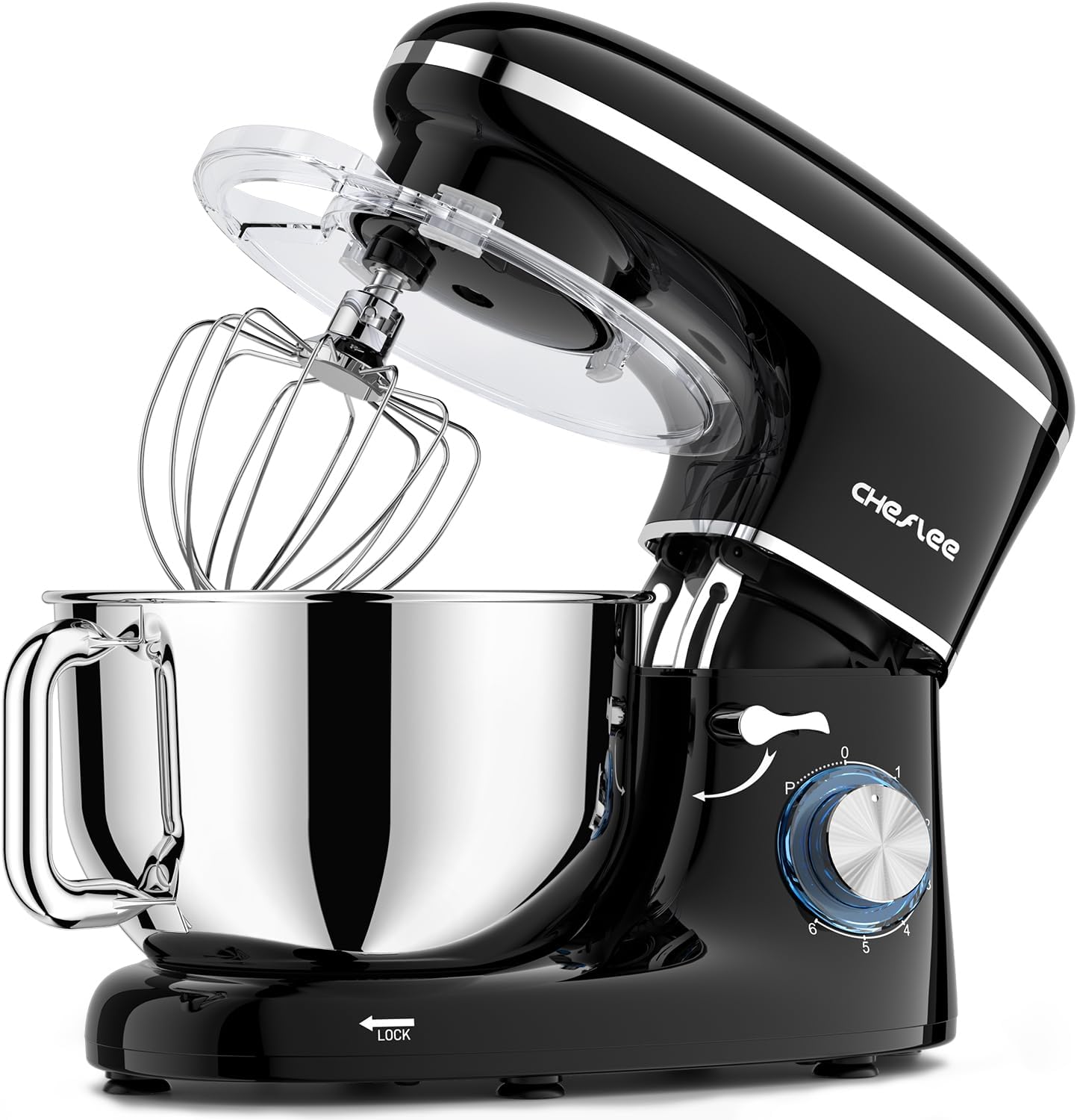 CHeflee Stand Mixer,600W 6+P With 6.5QT Stainless Steel Bowl,Dough Hook, Wire Whip & Beater,for Most Home Cooks,Black