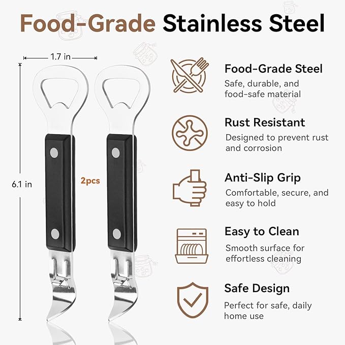 2-Pack Can Punch Opener with Non-Slip Handle, Dual Stainless Steel Beer Bottle and Can Openers, Rust-Resistant and Compact, for Kitchen, Bar, Camping