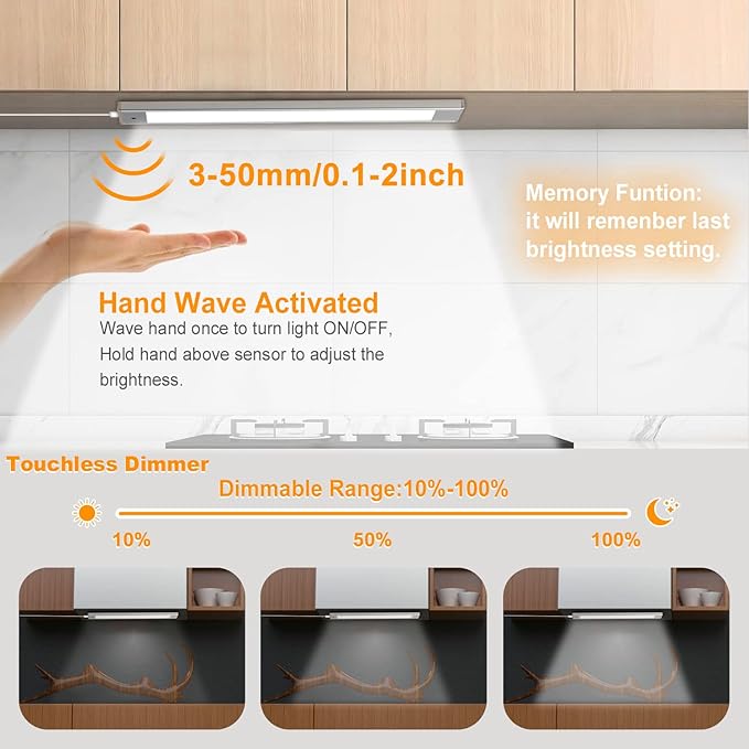 VST Hand Wave Activated Under Cabinet Lights Plug in, Closet Lights, Stepless Dimming Lighting for Kitchen Shelf Cupboard Closet Workbench (12inch 6Pack 4000K)