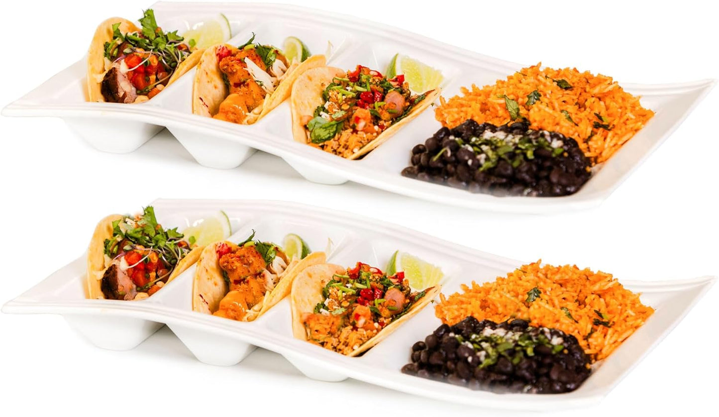 Stackable Taco Serving Plate with Dividers, Stylish China Taco Holder with 3 Slots & 1 Flat Section, Durable, Scratch-Resistant Dinner Dish for Tacos, Sushi, Appetizer, & More, Set of 2