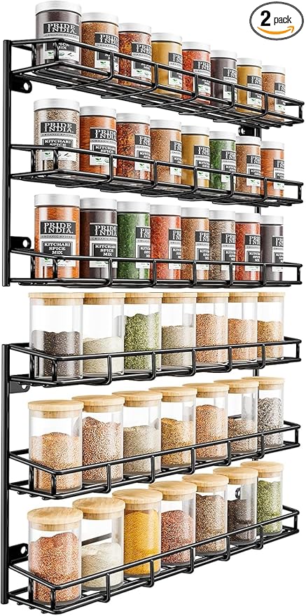 SUFAUY Wall Mounted Spice Rack, 6 Tier Heavy-Duty Metal Shelf for Kitchen Pantry, Black