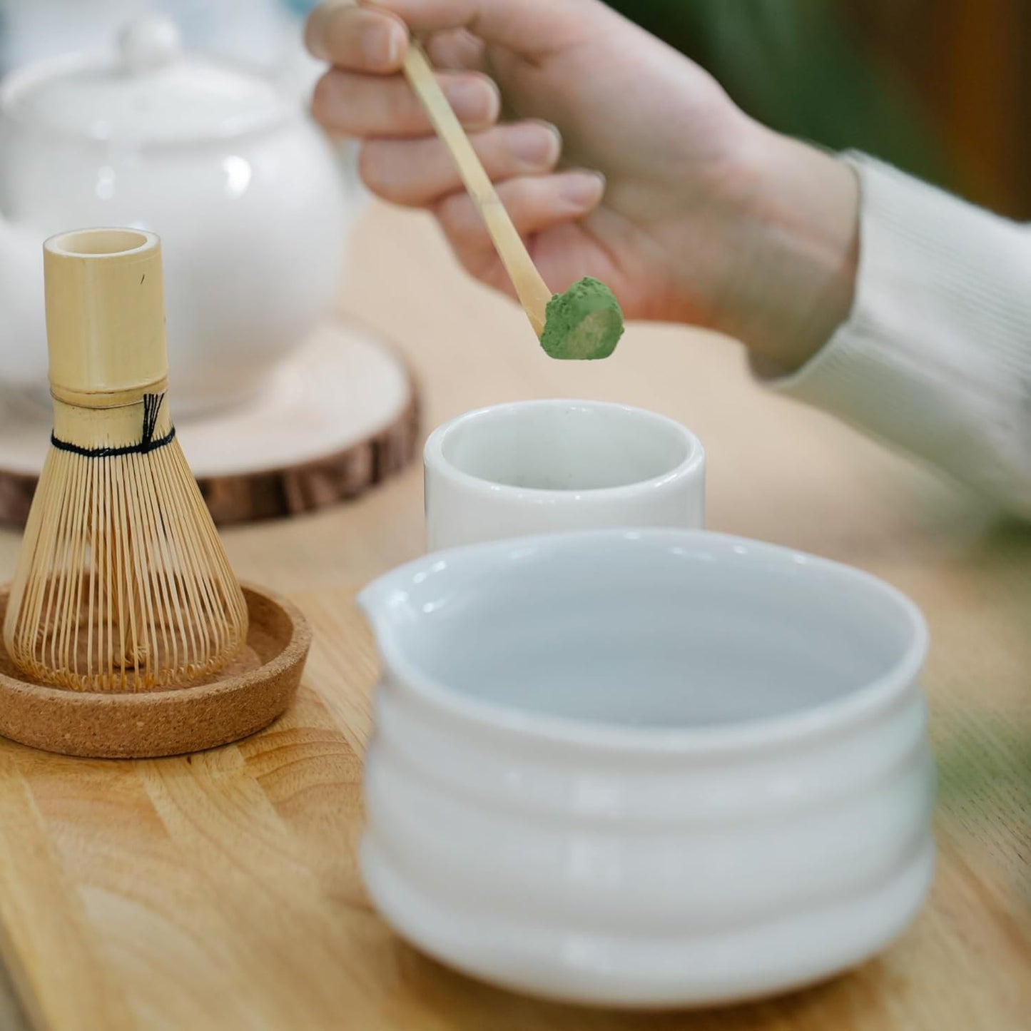 Marce Matcha Whisk Set- Matcha Set includes Matcha Whisk and Bowl (Bowl with Spout), Sifter, Holder and Scoop- The Perfect Bamboo Whisk for Matcha Tea (White- 7PC)