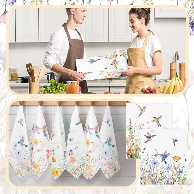 36 Count Reusable Cleaning Cloths Washable Cotton Kitchen Towels for Home (Hummingbird Flowers,Multicolor)