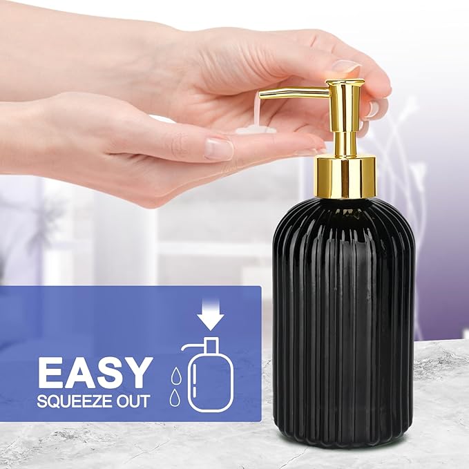 Haturi Bathroom Accessories Set, 4Pcs Black Glass Bathroom Accessories Sets Complete w/Lotion Soap Dispenser, Toothbrush Holder, Apothecary Jar, Vanity Tray, Bathroom Decor, Gift for Home Apartment