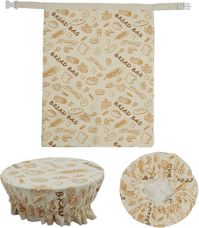 Beeswax Bread Bag and Multi - Use Wrap Set, Reusable Linen - Cotton Beeswax Wraps for Sourdough Storage & Food Packaging, 17×13IN Bag & 10IN Cover