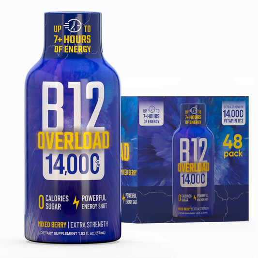 B12 Overload Extra Strength Energy Shot – Mixed Berry – 260mg Caffeine, 14000% B12, Electrolytes – Energy & Vitality Support – Zero Sugar No Calories – Vegan, Kosher, Gluten-Free – 1.93 fl oz, 48-Pack
