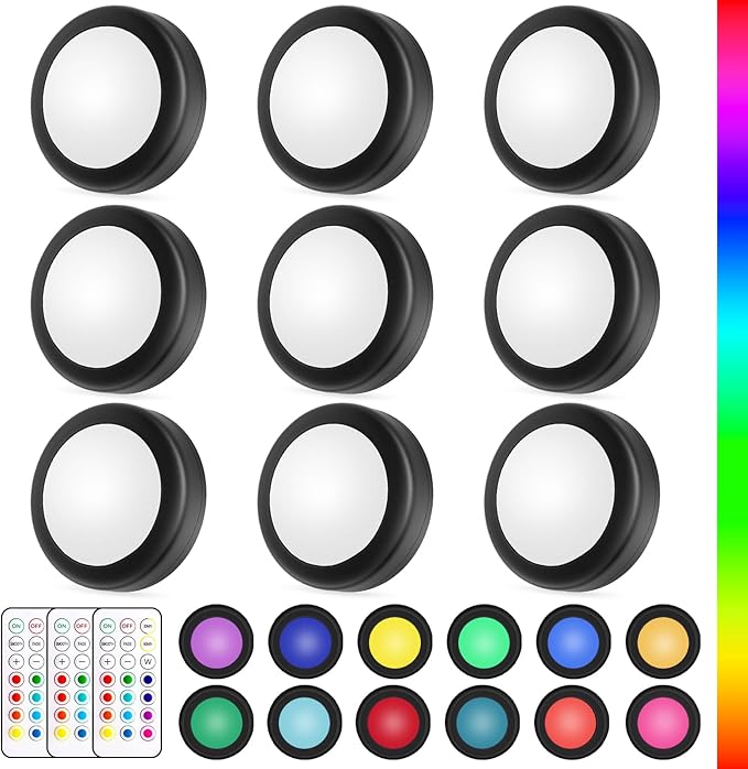 Yiliaw LED Puck Lights with Remote Control, AA Battery Operated Lights, 12 Color Closet Light Under Cabinet Counter Lighting, Push Light, Tap Light for Kitchen, 9 Pack, Black