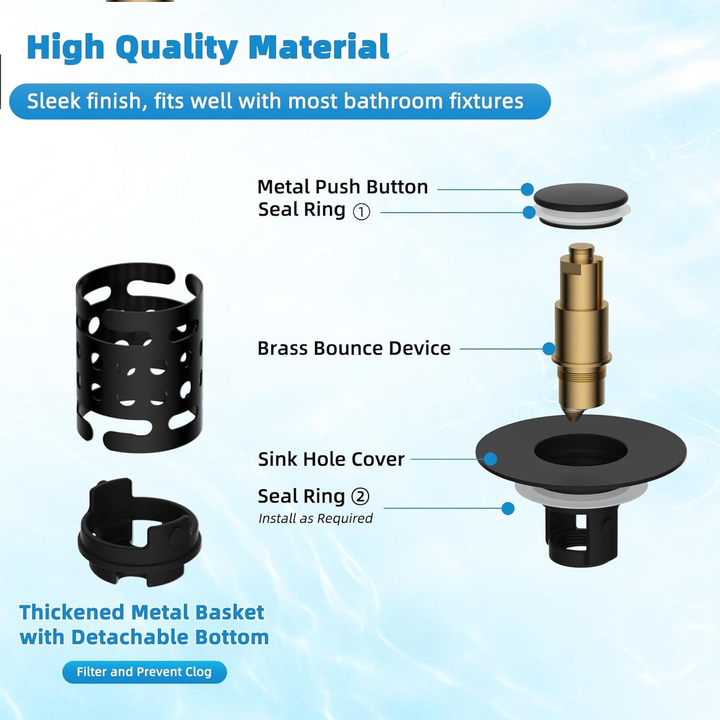 Universal Bathroom Sink Stopper Hair Catcher Upgraded with 2-Layer Detachable Filter Basket, 4 in 1 Pop Up Drain Strainer, Anti-Clog, Odor-Block, Fit for 1.1''~2.36'' Sinks, 2PCS, Matteblack