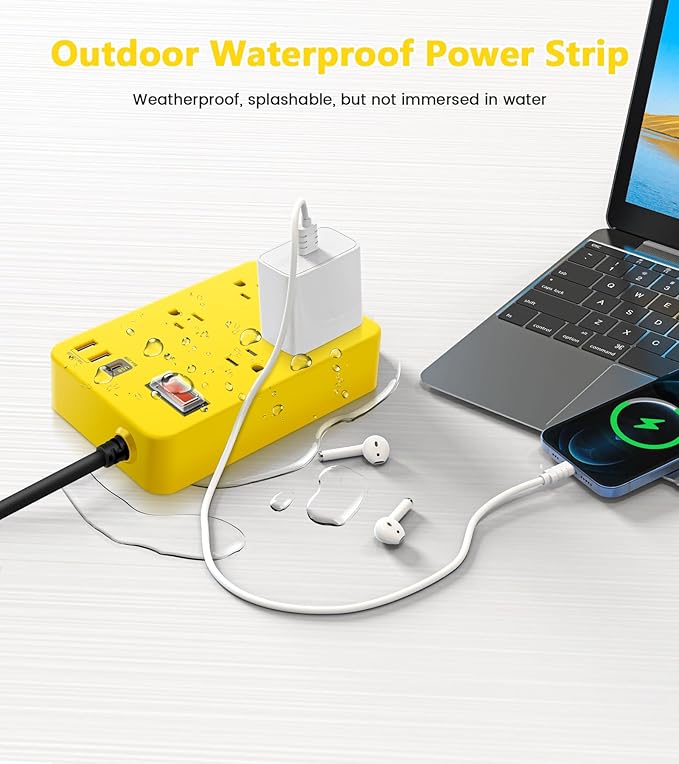 Outdoor Power Strip Weatherproof,Fast Charging Station 20W USB C,Waterproof Surge Protector 4 Outlets, Multi Outlet Extension for Camping, Garden, Kitchen,Bathroom,Flat Plug (Yellow, 10 FT Cable)