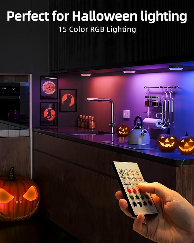 EZVALO Under Cabinet Lighting,1000mAh Rechargeable Puck Lights with Remote,3 Color Temps & 12 RGB Motion Sensor Closet Lights Indoor,Dimmable Under Cabinet Lights for Kitchen,Cabinets,Closet (3 Packs)