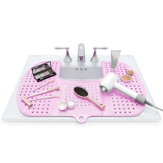 Sink Topper Bathroom Counter Cover & Storage Saver, Foldable Silicone Mat for Hot Tools, Hair Styling & Makeup, Beauty Brush Cleaning Mat, RV Camper Sink Cover & for Small Spaces (Large Pink)