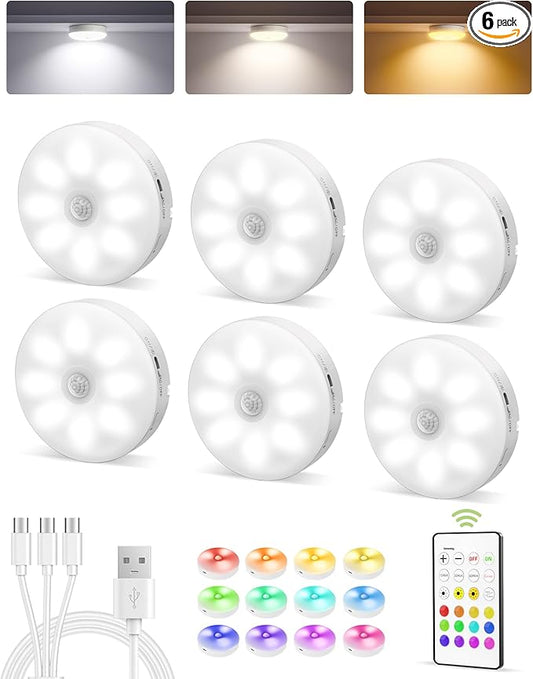 EZVALO 6-Pack Under Cabinet Lighting, Rechargeable Motion Sensor Puck Lights with Remote, 3 Color Temps &12 RGB Colors, Magnetic Stick on Light, Dimmable Under Counter Lights for Kitchen, Shelf, Stair