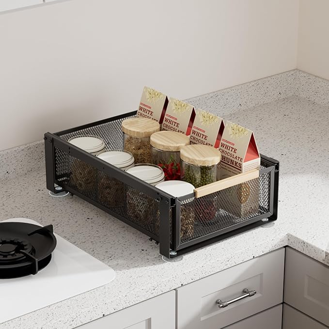 Pull Out Spice Rack Organizer, 1 Tier Slide Out Drawer for Kitchen, Under Sink and Cabinet Storage, 15.7''L x 10.6''W x 5.5''D, Steel, Black