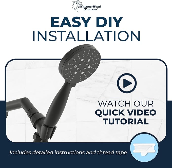 HammerHead Showers® Solid Metal 3-Spray Handheld Shower Head with Long Hose and Holder - MATTE BLACK - WIDE, MASSAGE, and MIST Sprays - 1.8 GPM Low Flow Handheld Showerhead - Water Saving Shower Head