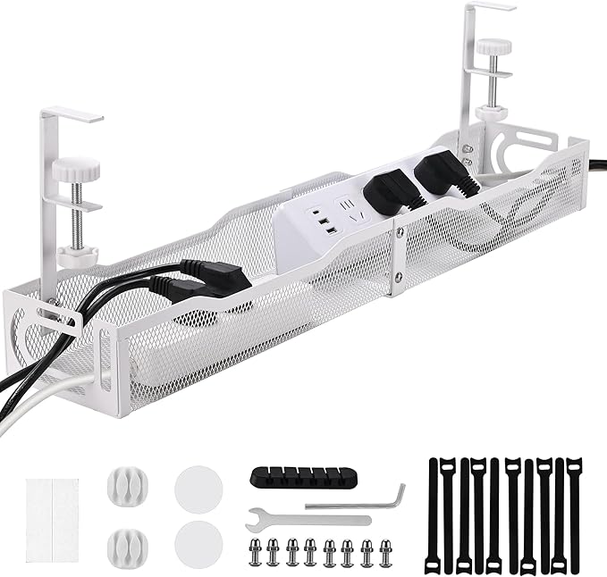 Under Desk Cable Management Tray 25.3 Inch – No Damage Install, Cord Organizer for Office & Home, Wire Organizer for Desk Storage, White