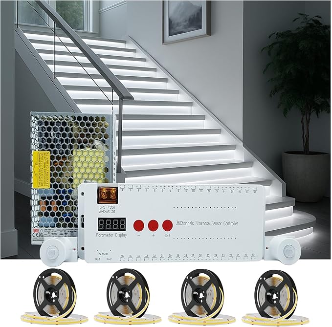 Motion Triggered LED Stair Lights Indoor, 40" Cuttable Motion Sensor COB LED Strip Light Kit with 9 Modes Ideal for Indoor Step Lights(Cool White 6000K, 16 Stairs)