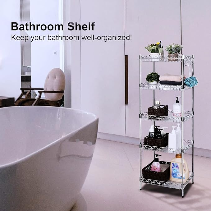 Storage Shelves, 5-Tier Wire Shelving Unit with Baskets Storage Rack Corner Shelf Shelving Adjustable Storage Shelf, 11.8" D x 15.7" W x 62.99" H,Silver