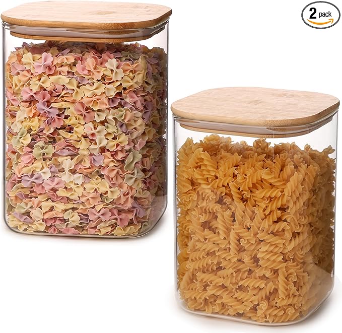 Glass Food Storage Jars 108oz Set of 2,Glass Storage Containers Clear Glass Food Canister with Bamboo Lid Airtight For Serving Tea, Coffee, Flour, Sugar, Candy, Cookie, Spice and More (Square)