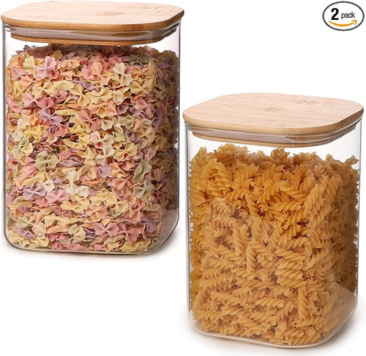 Glass Food Storage Jars 108oz Set of 2,Glass Storage Containers Clear Glass Food Canister with Bamboo Lid Airtight For Serving Tea, Coffee, Flour, Sugar, Candy, Cookie, Spice and More (Square)
