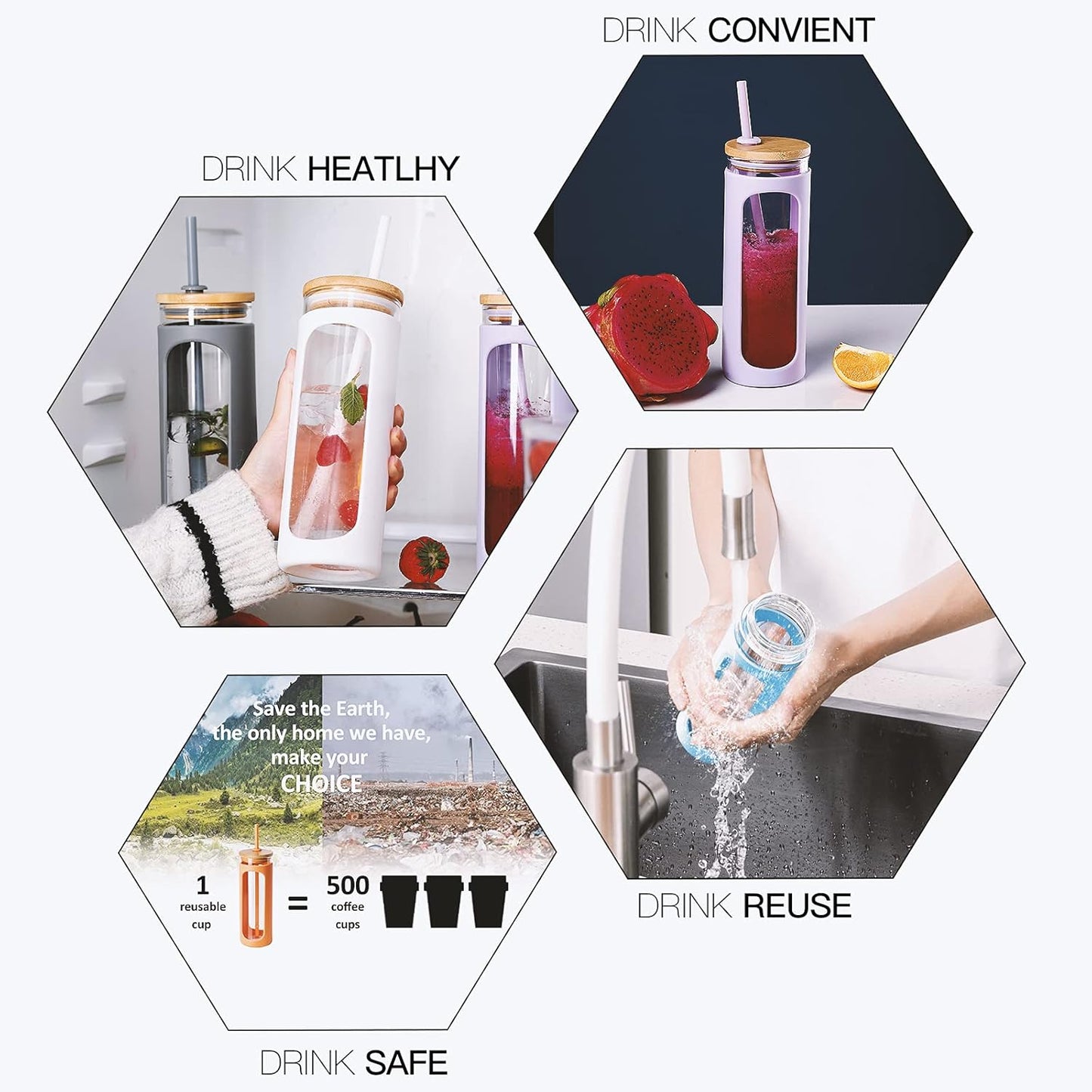 Kodrine 20oz Glass Tumbler with Straw and Lid, Iced Coffee Cups with Bamboo Lids, Glass Cups for Cold Drinks, Smoothie Cup with Silicone Sleeve for Travel, Work, BPA FREE-Olive