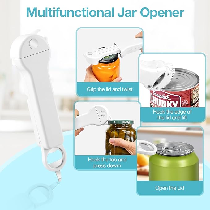 Jar Opener Bottle Opener and Lid Opener for Seniors with Arthritis, Weak Hands, Multi 7 in 1 Retractable Magnetic Can Opener, Original Kitchen Wine Opener Gadgets (White)
