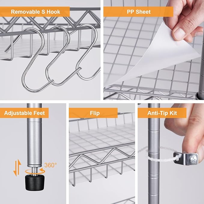 Storage Shelves, 5-Tier Wire Shelving Unit with Baskets Storage Rack Corner Shelf Shelving Adjustable Storage Shelf, 11.8" D x 15.7" W x 62.99" H,Silver