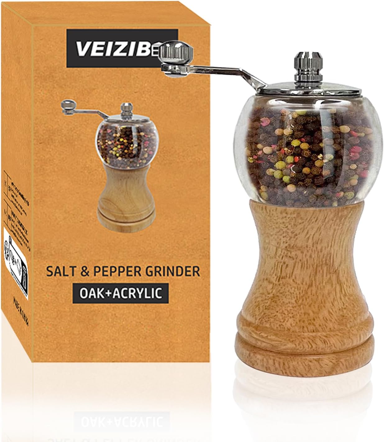 Classical Hand Shake Wood Pepper Grinder Set & Gorgeous Salt Wooden & Acrylic,Ceramic Blades Upgrade metal handle,Enjoy Your Best Fresh Ground Pepper Various spices (Burlywood 1pcs-5in)
