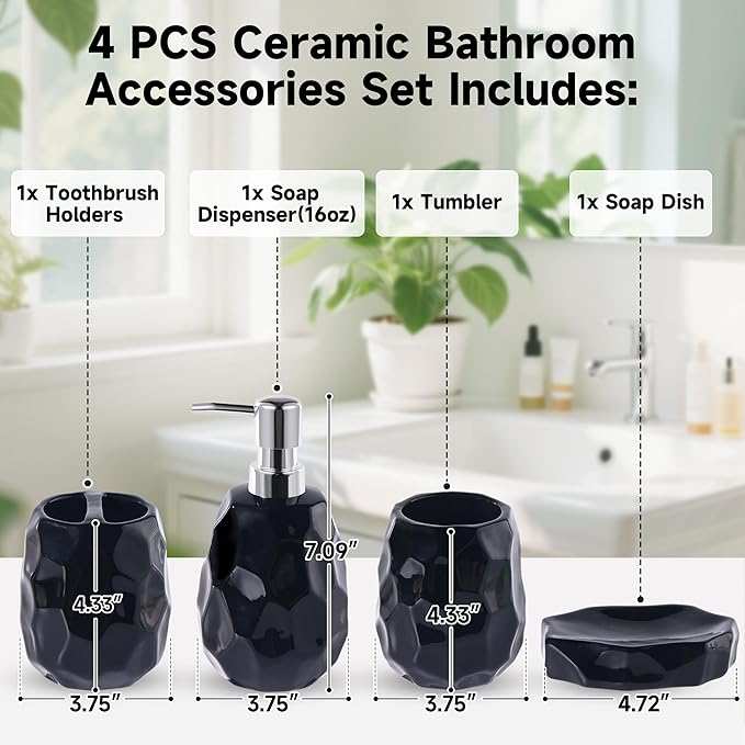 Ceramic Bathroom Accessories Set 4 PCS,Modern Bathroom Accessory Set,Include Toothbrush Holder,Soap Dispenser, Vanity Tray,Tumbler,Bathroom Sets Decor Organizer with Soap Dish,Apothecary Jar (Black)