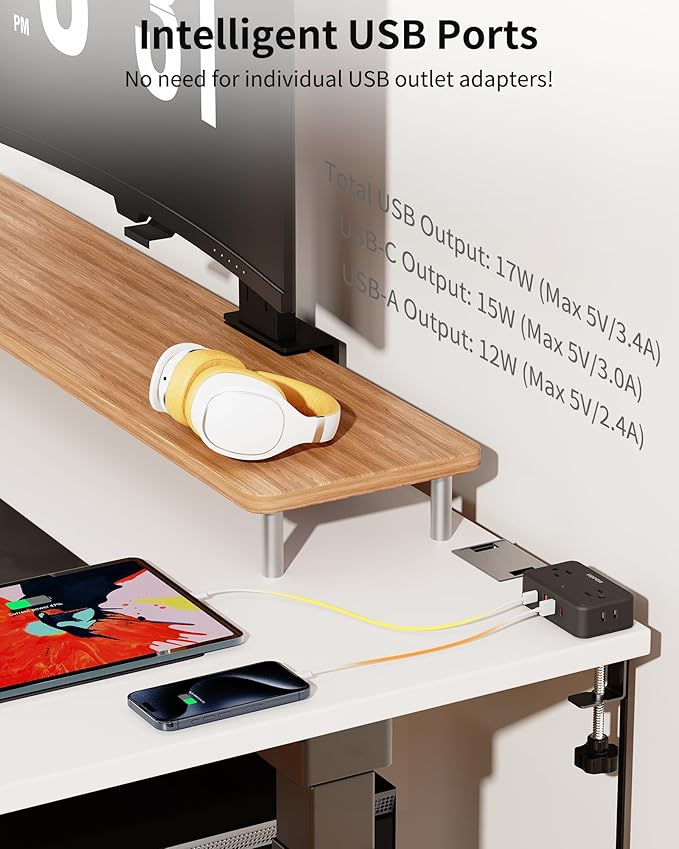Desk Clamp Power Strip, Desktop Mount Charging Station with 4 Outlets 4 USB Ports (2 USB C), 10Ft Under Desk Power Strip, Fits 2.75" Tabletop Edge, Extension Cord for Home Office, Black