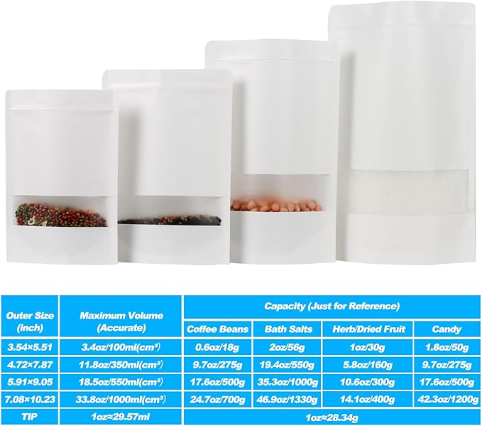 100 PCS Resealable Bags, Stand Up Kraft Paper Bags with Matte Window, Zipper Lock Food Storage Bags for Small Business and Home, 3.54 * 5.51 Inch Reusable Sealable Bags for Packaging -White