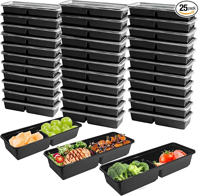 Disposable Food Storage Containers with Lids Meal Prep 2-Compartment To Go Take Out Plastic Black, Sturdy Leakproof Food Safe, Microwave Freezer Dishwasher Safe (25, 2 compartment)