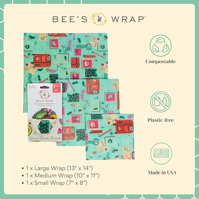 Bee's Wrap Beeswax Wraps for Food - Seasons Greetings 3 Pack (S, M, L) Made in USA Reusable & Organic Food Wraps, Sandwich Wrap & Bowl Covers - Eco-Friendly Alternative to Aluminum Foil & Plastic Wrap