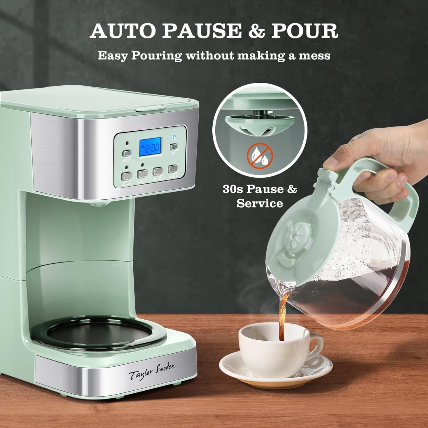 Taylor Swoden 12-Cup Programmable Coffee Maker, Regular & Strong Brew Drip Coffee Machine for Home and Office, Glass Carafe, Pause & Serve, Auto Shut Off, Green & Stainless Steel