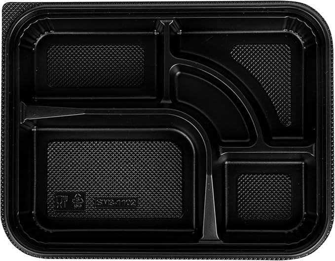 Restaurantware-Bento Tek 26.2 Ounce Meal Prep Containers, 50 Disposable To Go Food Boxes - Lids Sold Separately, 5 Compartments, Black Plastic Bento Lunch Boxes, Microwavable, Freezable