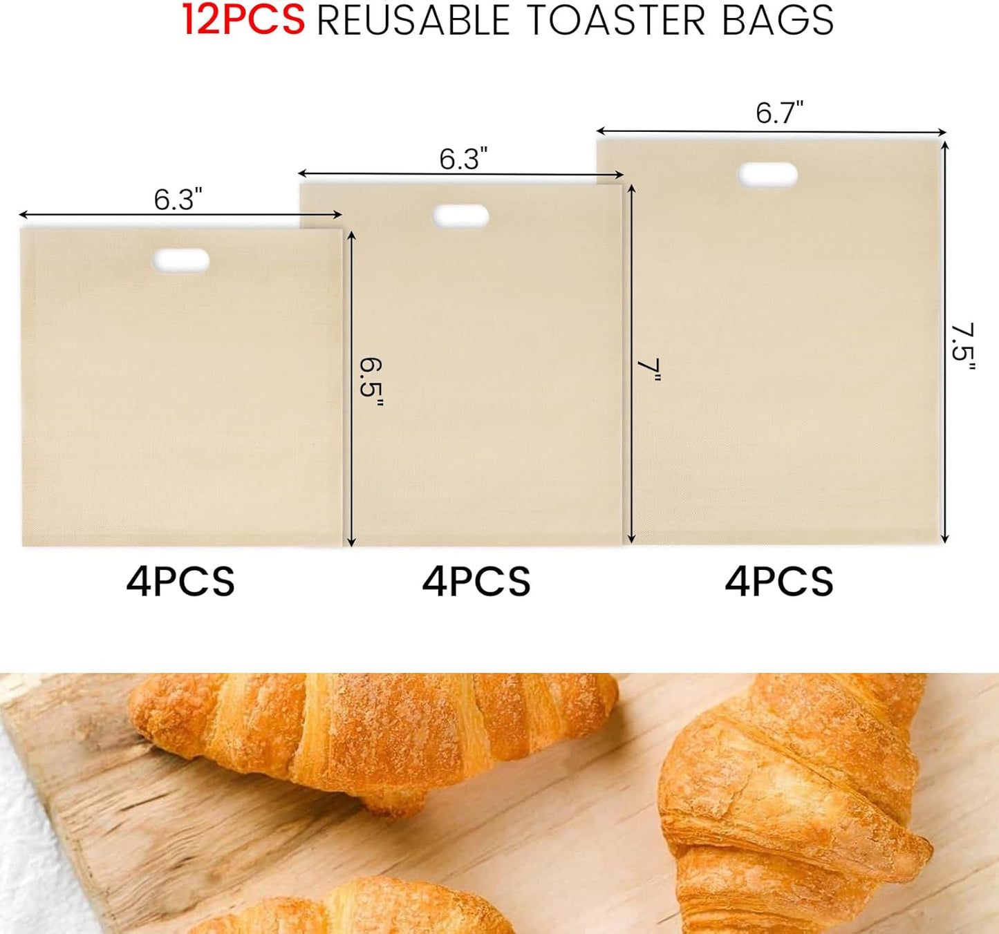 VGOODALL 12 Pack Reusable Toaster Bags, 3 Sizes Non Stick Heat Resistant Sandwich Bags Easy to Clean for Grilled Cheese Sandwiches