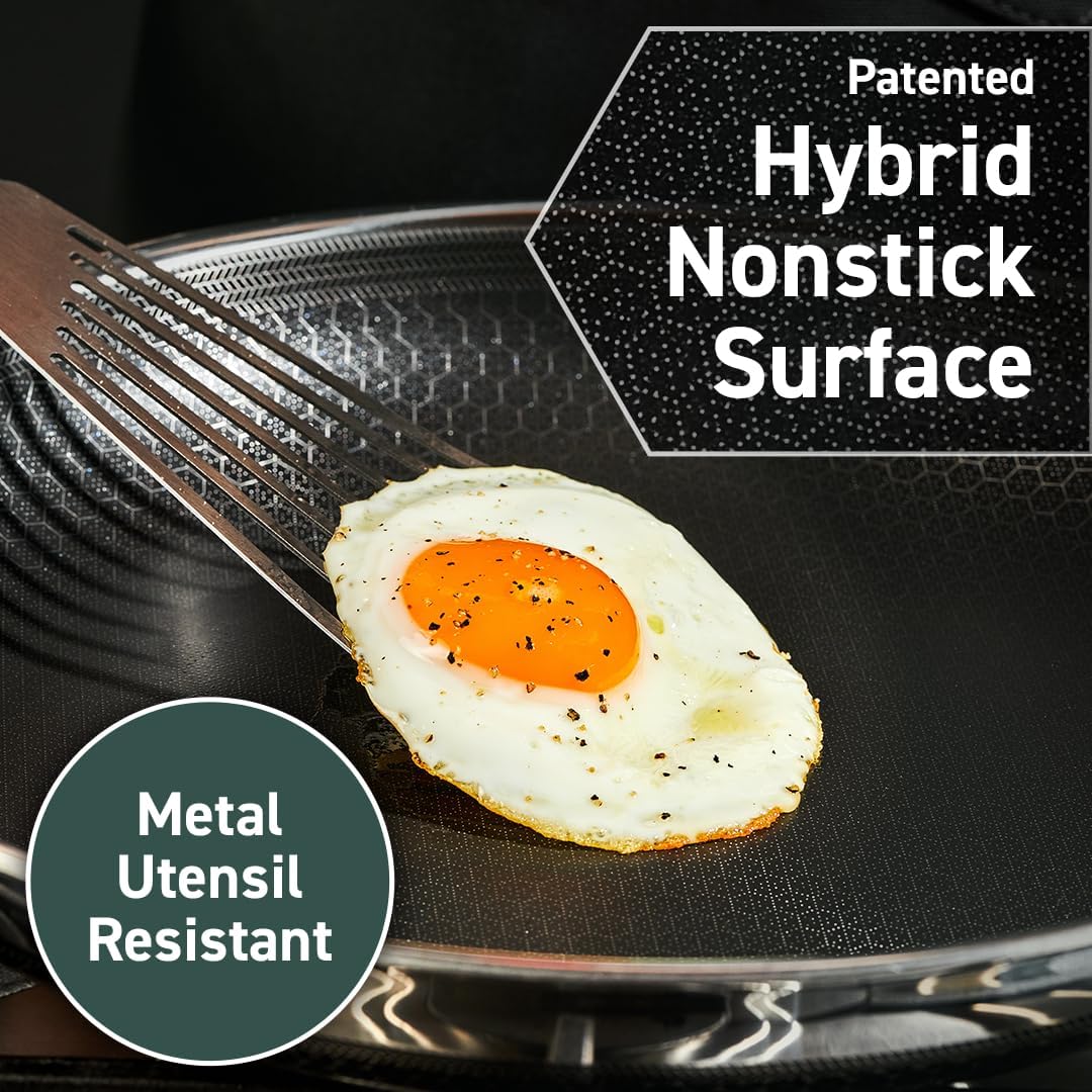 HexClad Hybrid Nonstick 14-Inch Frying Pan with Stainless Steel Lid, Stay-Cool Handles, Dishwasher-Friendly, Oven-Safe Up to 900°F, Induction Ready, Compatible with All Cooktops