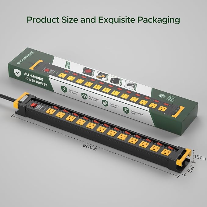 12 Outlet Long Heavy Duty Power Strip with Individual Switches,3300J Surge Protector Metal Power Strip,Wide Spaced,6Ft Cord Managment,ETL Listed(15A/1875W)