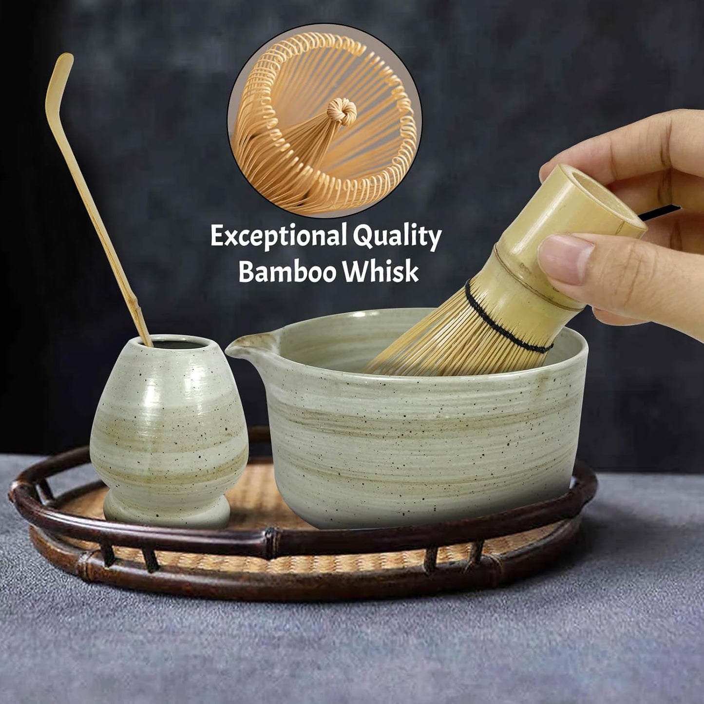 Matcha Whisk Set,6Pcs Matcha Kit Includes Matcha Whisk and Holder,Matcha Bowl with Spout,Matcha Sifter and 2Pcs Matcha Spoon,Suitable as a gift for those who like matcha (Gray)
