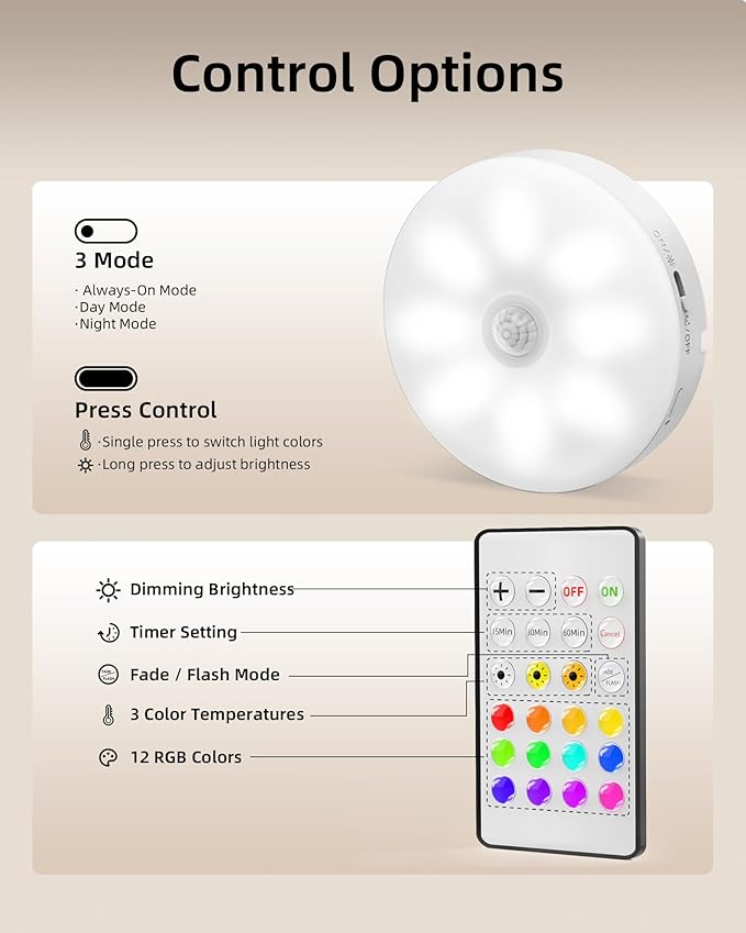 EZVALO Under Cabinet Lighting with Charging Station,1000mAh Rechargeable Puck Lights with Remote, 3 Color Temps & 12 RGB Closet Lights, Dimmable Motion Sensor Lights for Shelf, Kitchen (3 Packs)