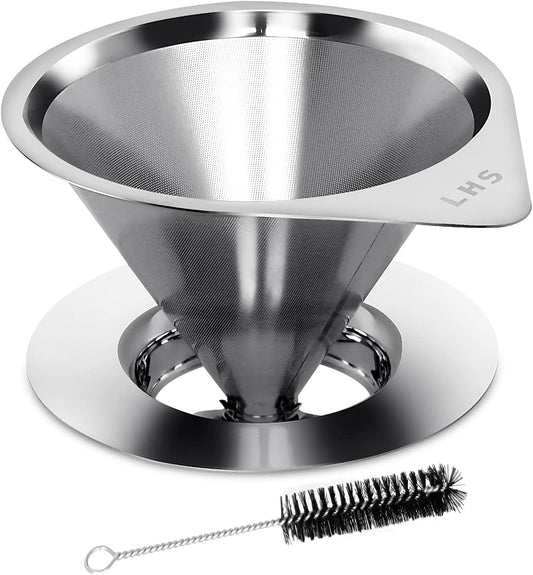 LHS Pour Over Coffee Dripper Reusable Coffee Filter Paperless Coffee Filter Stainless Steel Pour Over Coffee Maker Cone Coffee Dripper for 1-2 Cup,Silver